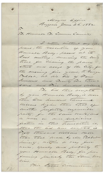 Grover Cleveland Autograph Speech Signed of His Famous Anti-Corruption Speech as Mayor of Buffalo -- ''...a most bare-faced, impudent, and shameless scheme to betray the interests of the people...''